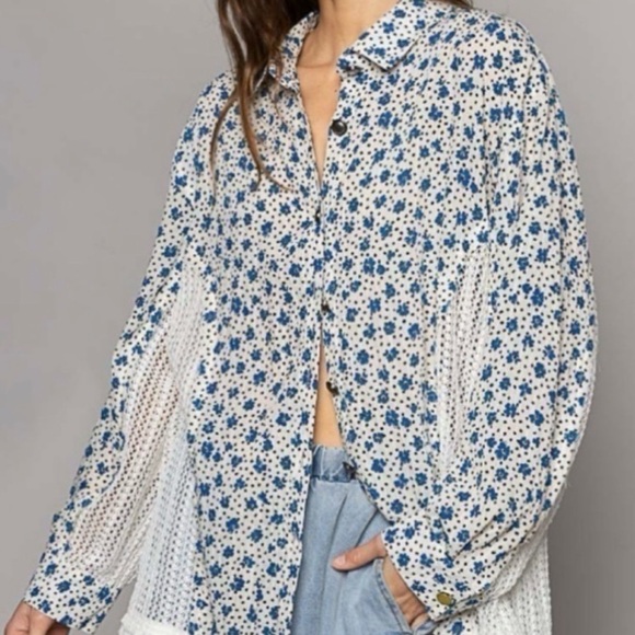 POL Tops - POL Blue and White Floral Button-Down Shirt